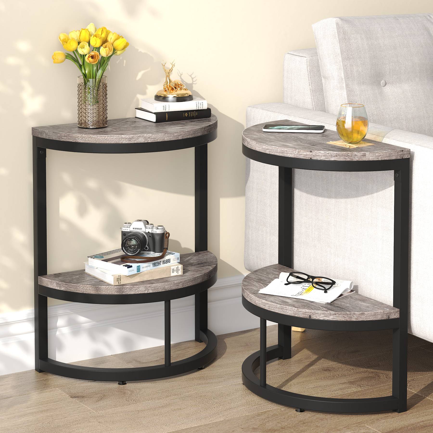 End Table, Half Round Narrow Side Table with Metal Frame Tribesigns